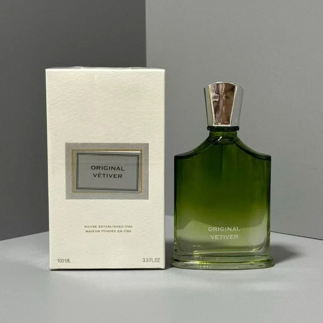 Creed Original Vetiver 100ml men's cologne, green glass bottle, woody citrus fragrance, luxury EDP perfume gift set.