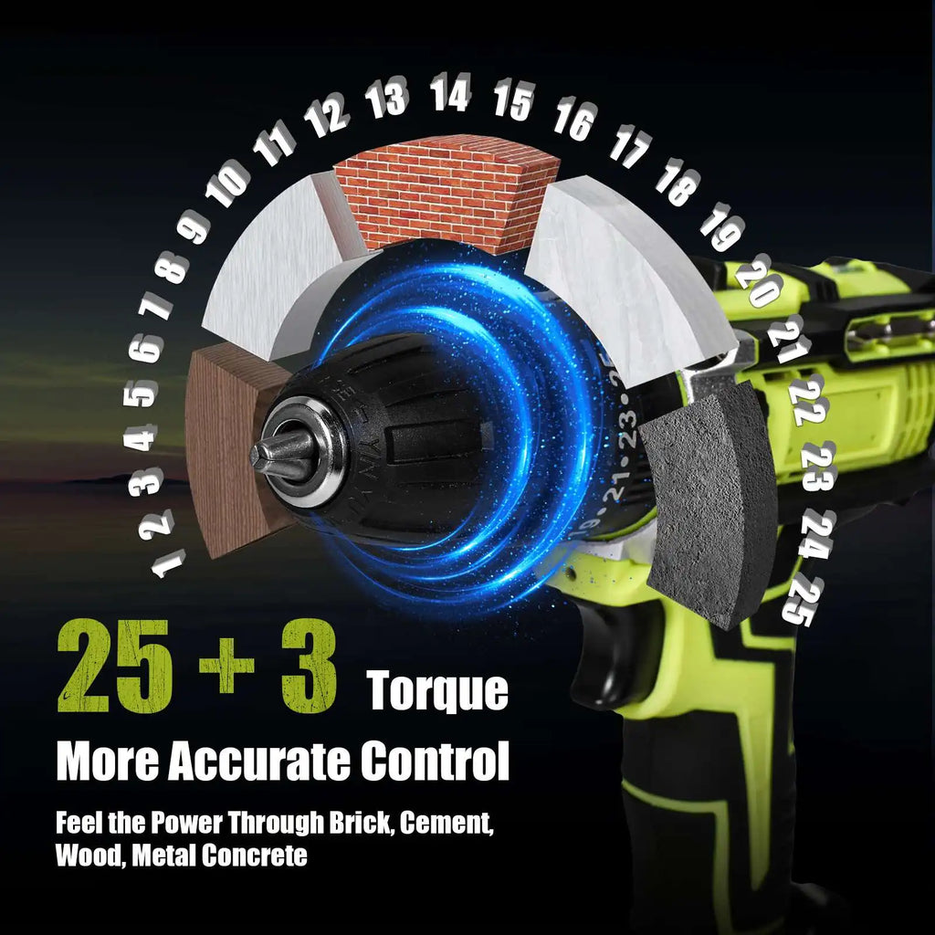 28V Cordless Impact Drill Screwdriver 1350rpm High Speed, Rechargeable Household Power Tool Complete with Matching Drill Bits Set