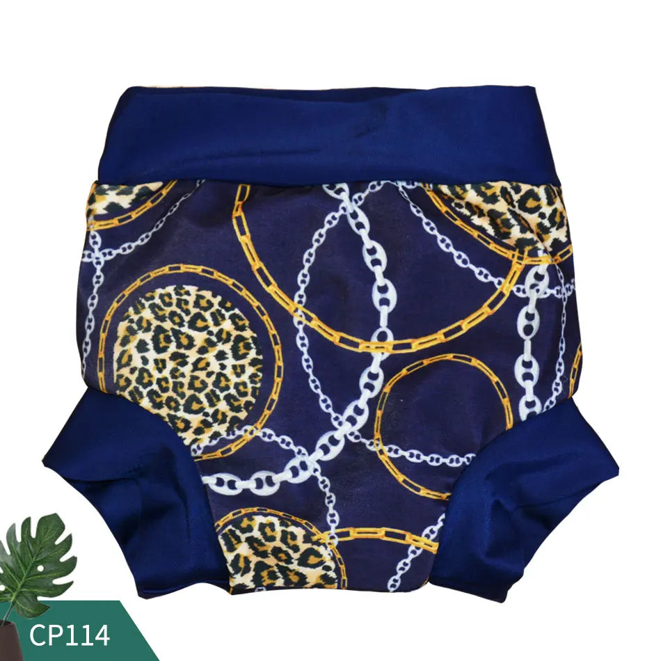 Baby cloth diaper cover, style CP114, featuring navy blue, gold chain, and leopard print design for baby care.