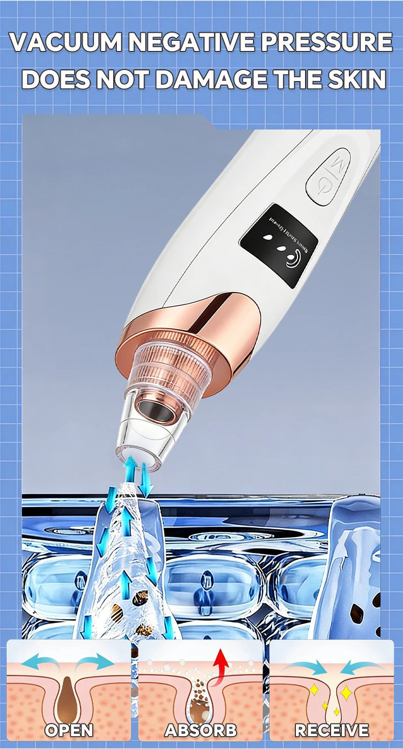 Electric blackhead remover vacuum pore cleaner with rose gold accents and digital display for acne facial cleansing.