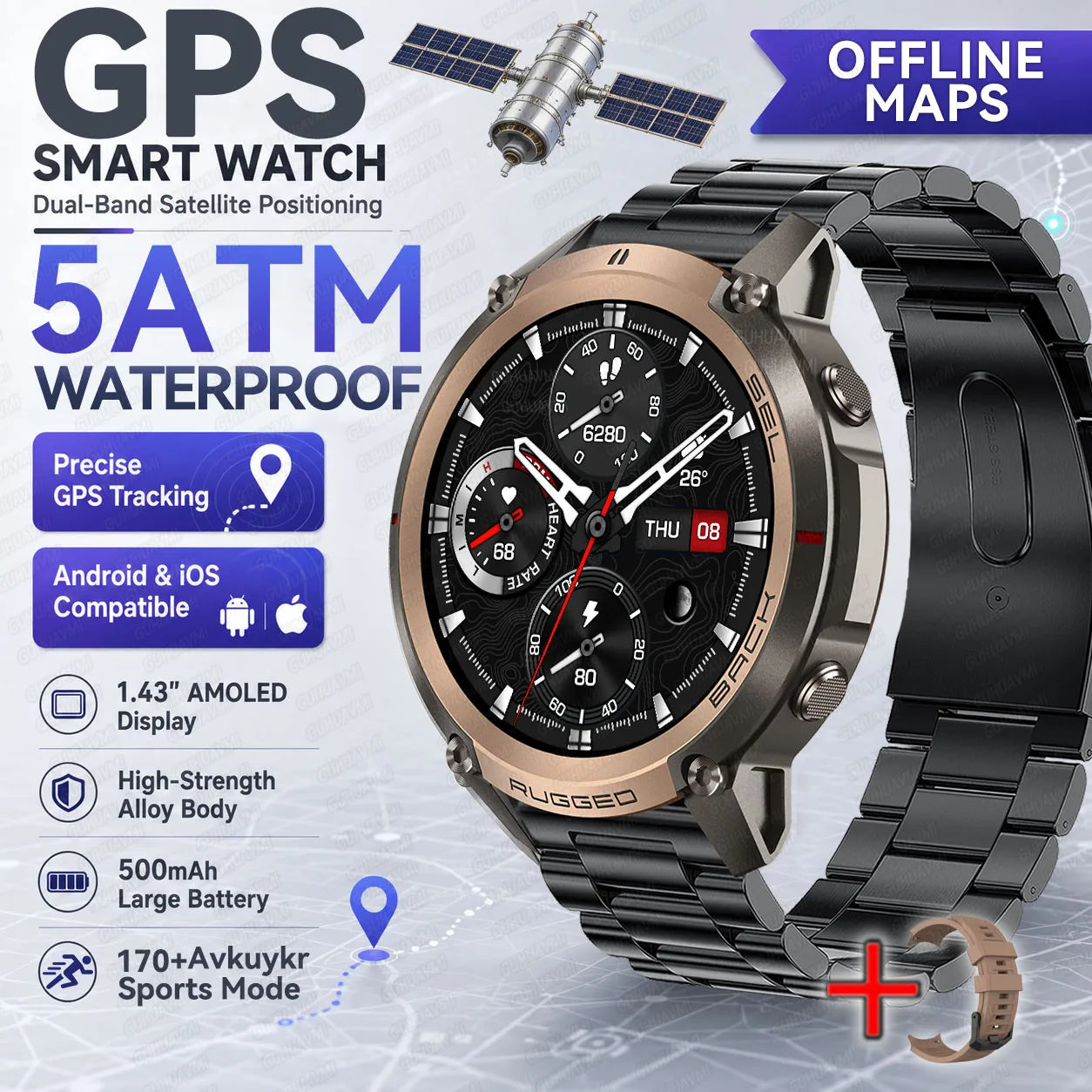 2026 Outdoor Tactical GPS 1.43"AMOLED Smart Watch Offine Map Compass Heart Rate Fitness Tracker 5ATM Waterproof Sports Watches