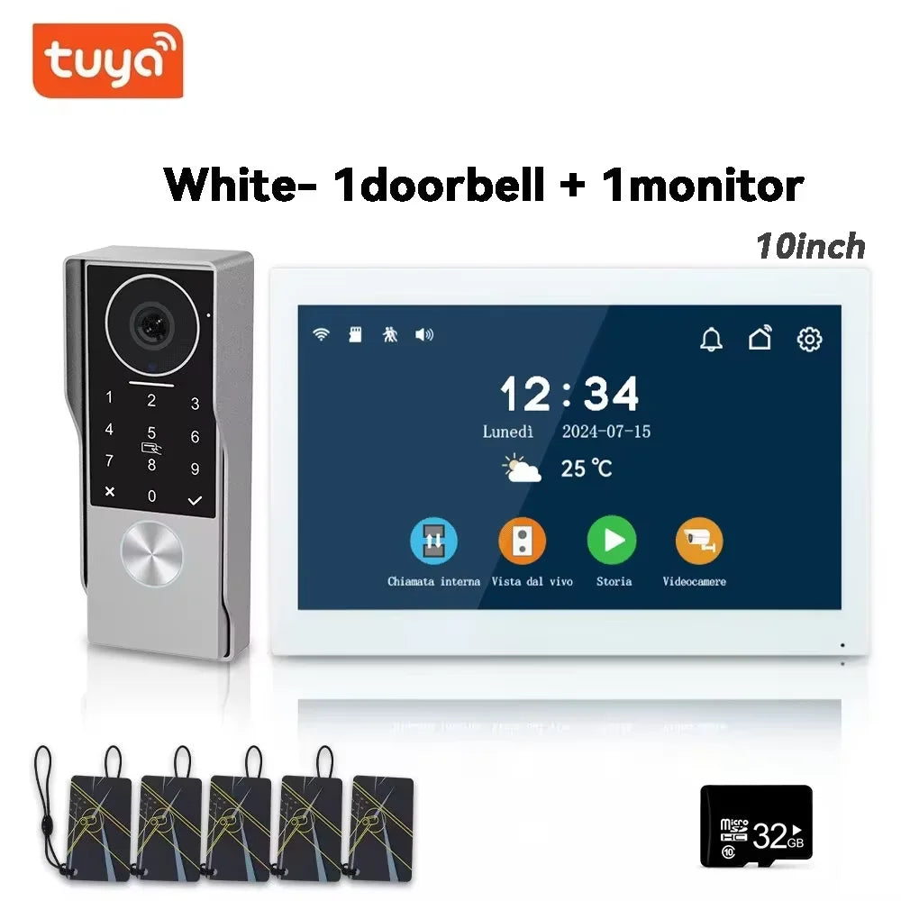White wired smart video doorbell with 10-inch monitor, keypad doorbell and touchscreen display