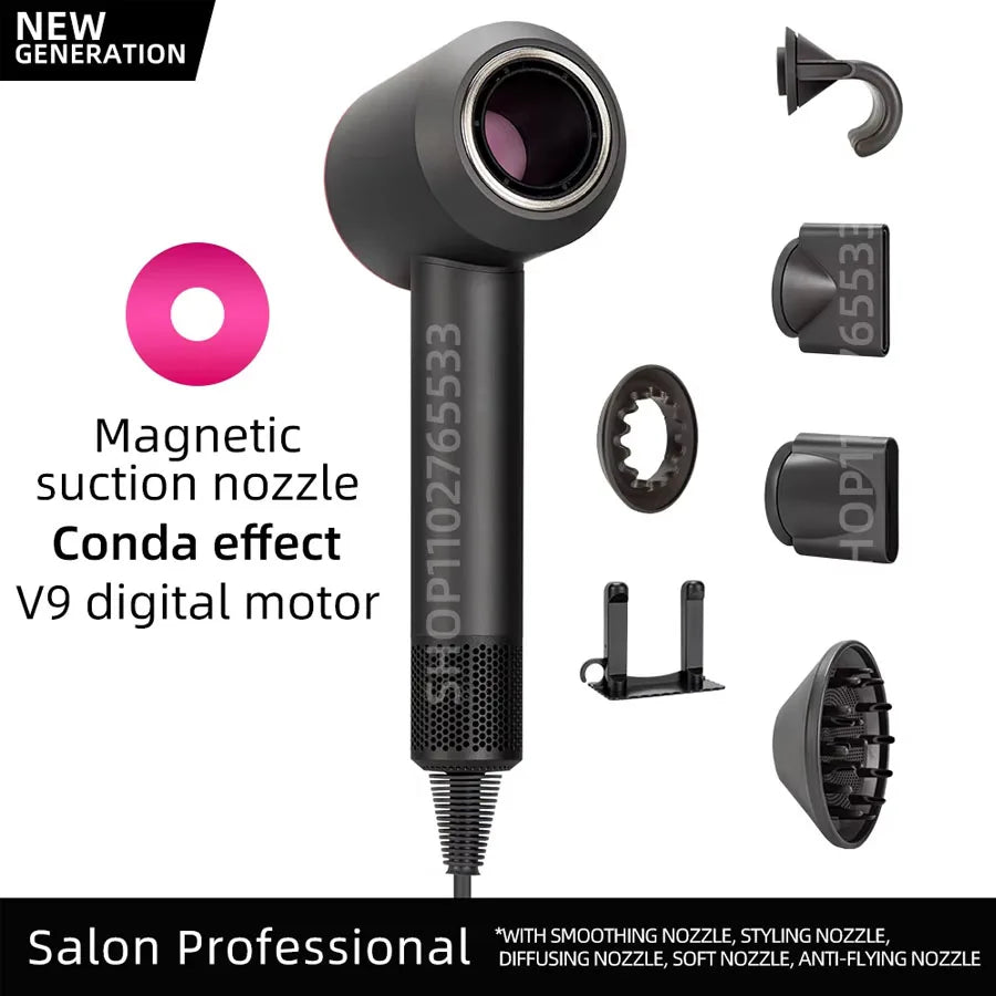 Black 5-in-1 ionic hair dryer with digital motor, magnetic nozzles, and diffuser for professional salon styling.