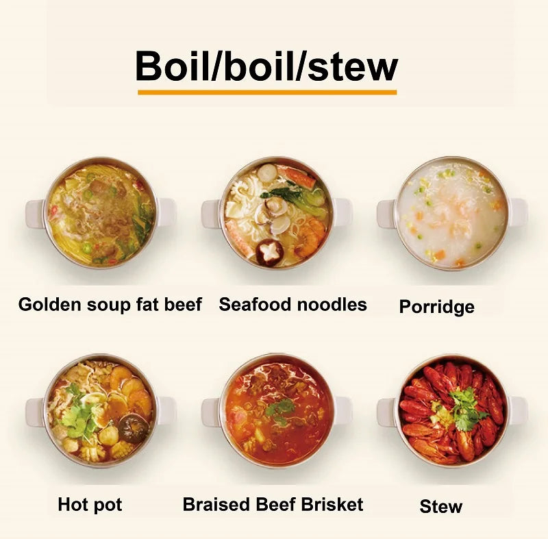 Electric hot pot cooking options shown with multiple meal bowls