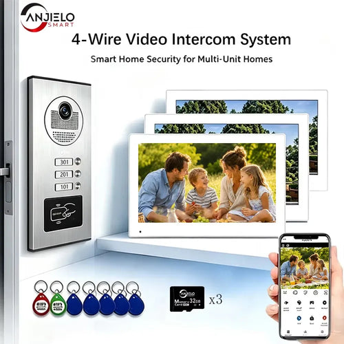 Video door intercom system kit with outdoor panel, indoor monitors, and mobile control