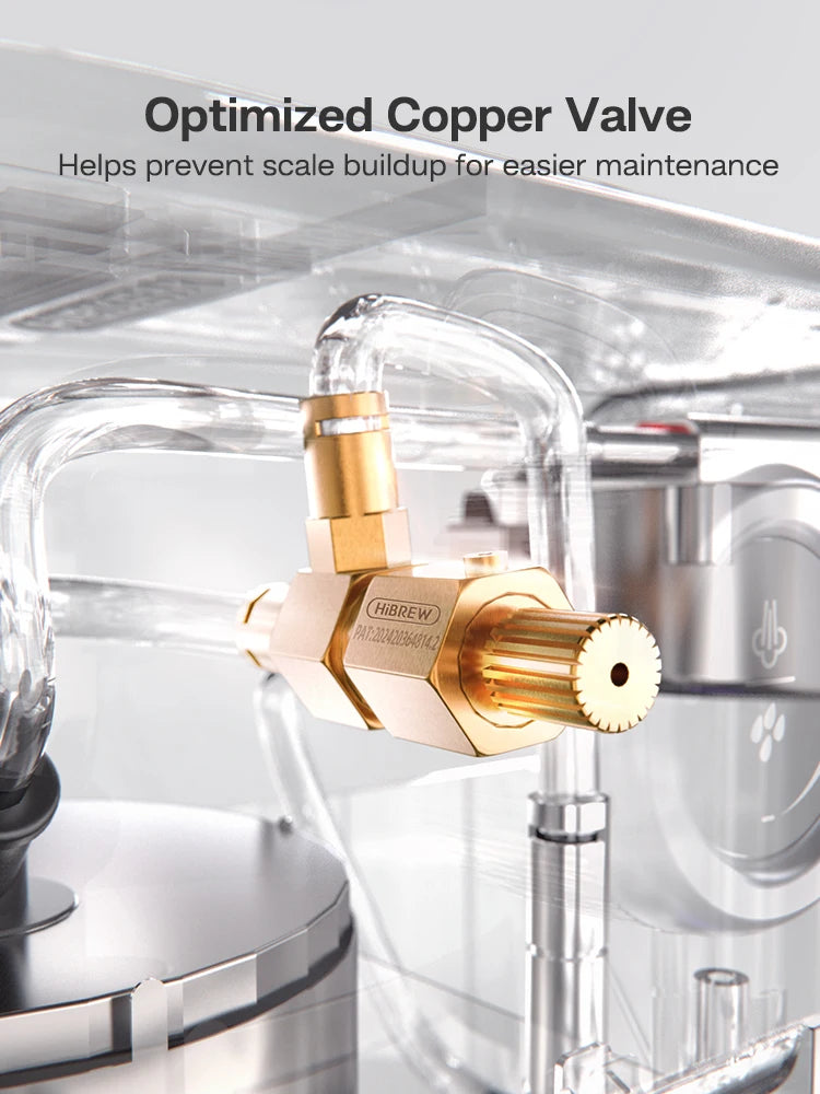 HiBREW espresso machine internal view featuring an anti-scale gold copper valve and transparent tubing system.