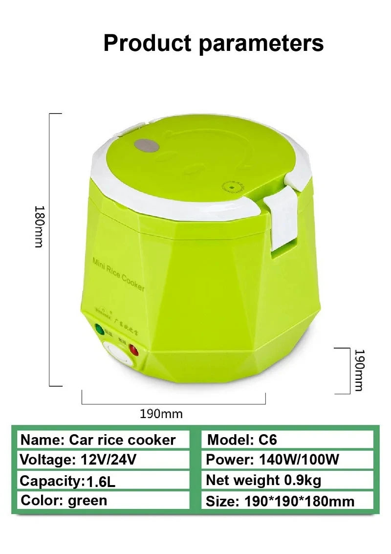 1.6L car rice cooker product diagram, lime green body and white lid
