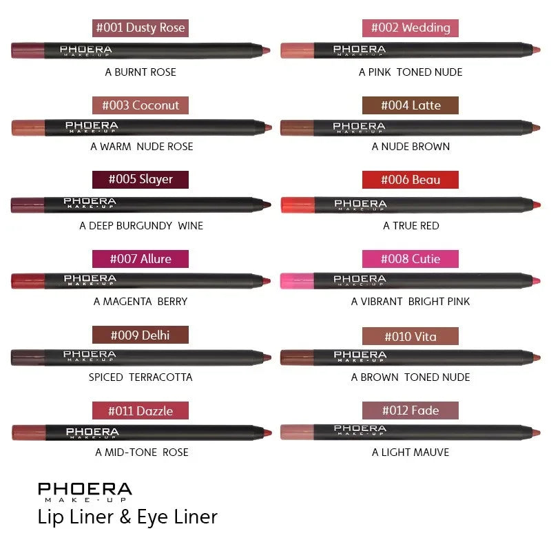 Phoera matte waterproof lip liner pencil set in 12 shades, from nude brown to bold red for long-lasting lip makeup.