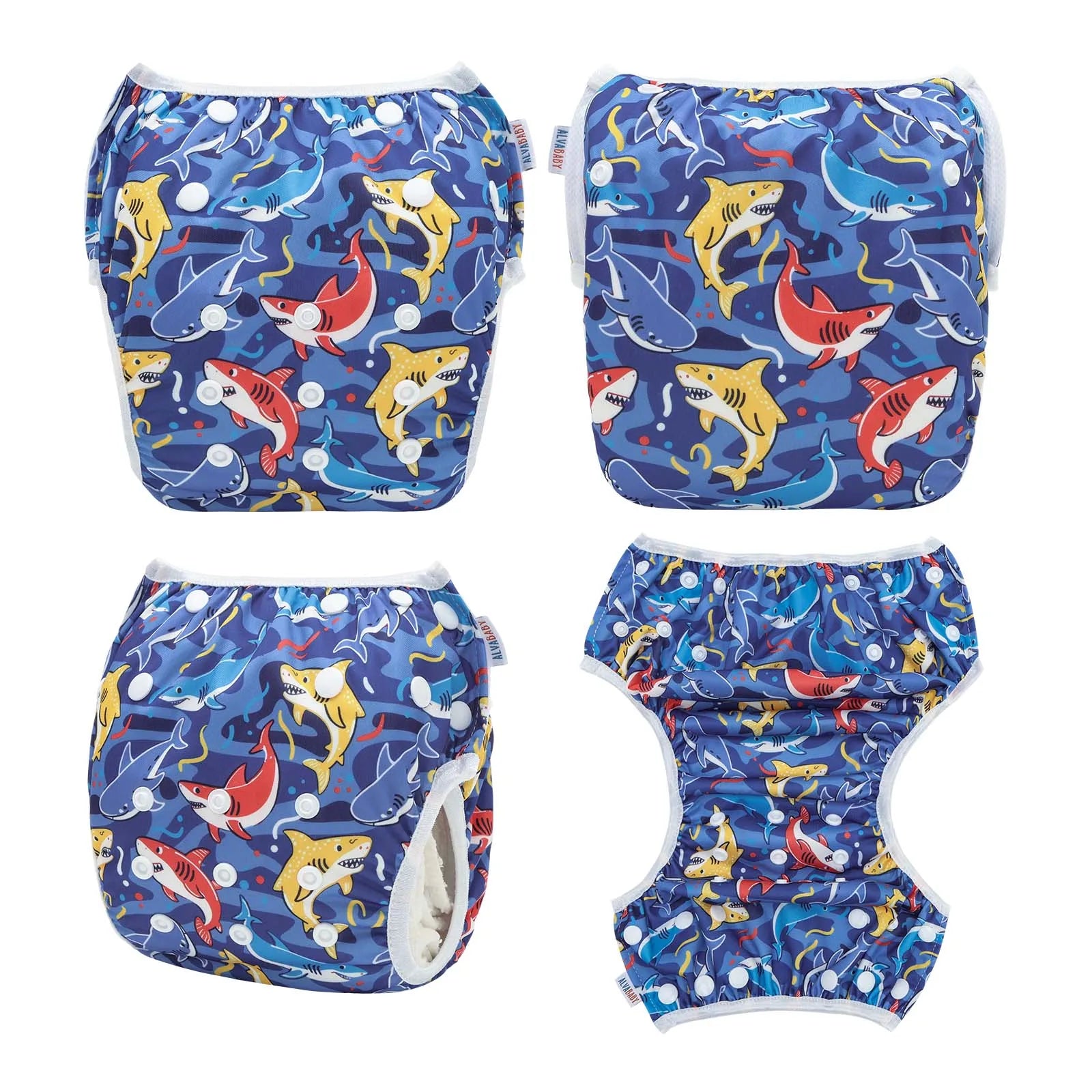 Alvababy reusable cloth diaper with adjustable snaps and shark print pattern for baby care.