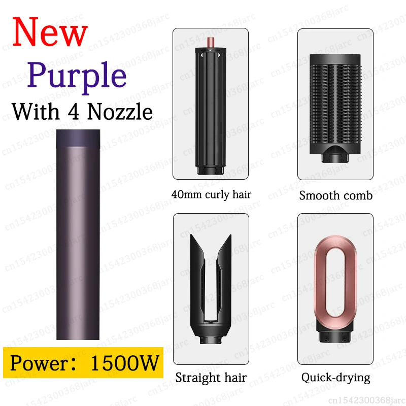 SenCiciMen X9 purple 1500W hair styler with 4 attachments: curling barrel, smooth comb, dryer nozzle, and straightener.