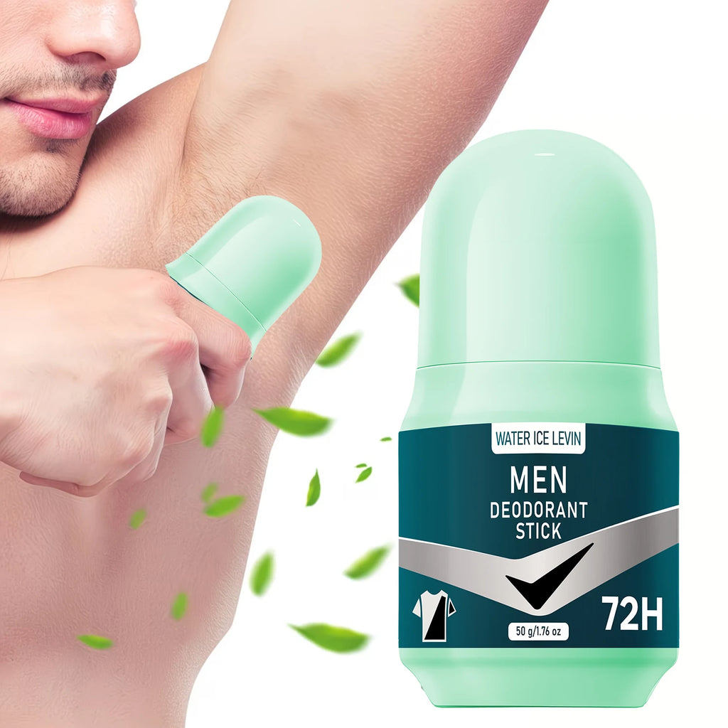 Water Ice Levin men's 72H deodorant stick, mint green packaging, applied to underarm, anti-stain formula, fresh leaves.