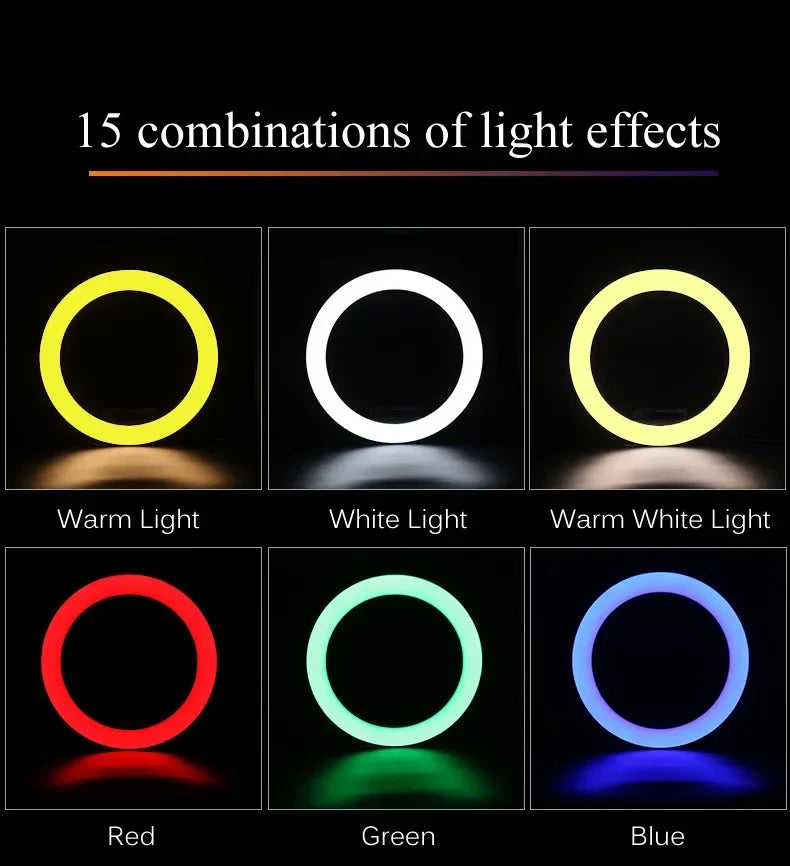 Circular LED ring light showing 15 color combinations, including warm, white, red, green, and blue light modes.