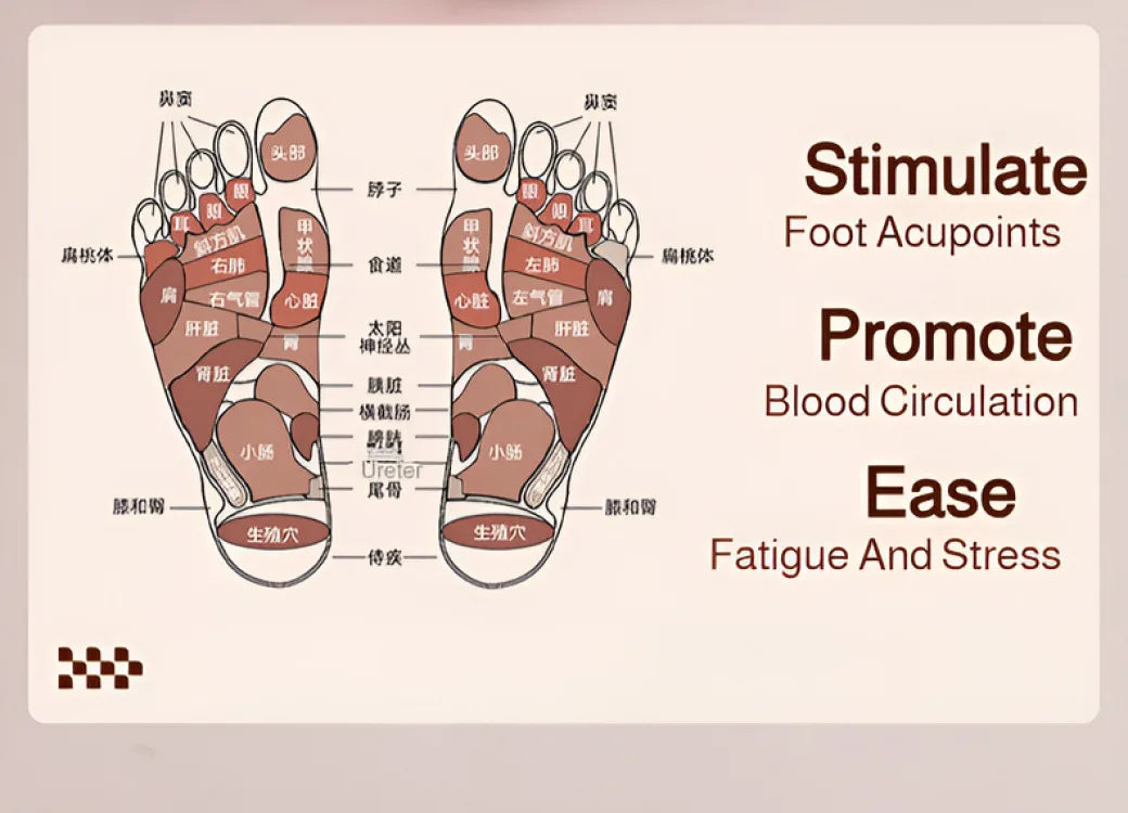 An acupoint foot massage chart showing two foot outlines with labeled Chinese text corresponding to reflexology zones.