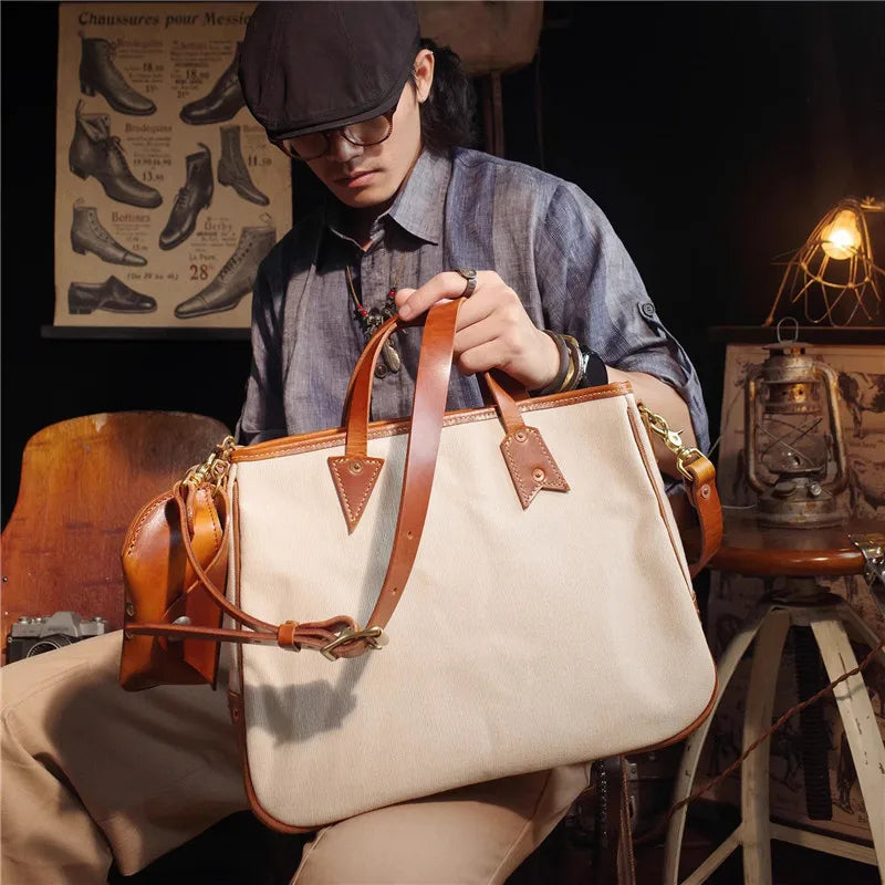Simple designer handmade thick canvas cow leather men women's handbags outdoor daily work travel large-capacity messenger bag