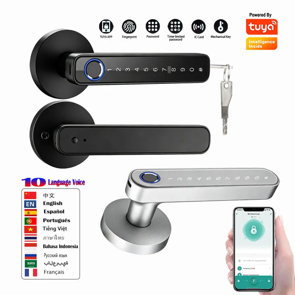 Tuya App Smart Digital Lock Handle with Fingerprint Password Key Card Unlocking Access Handle Lock for Room Home Security