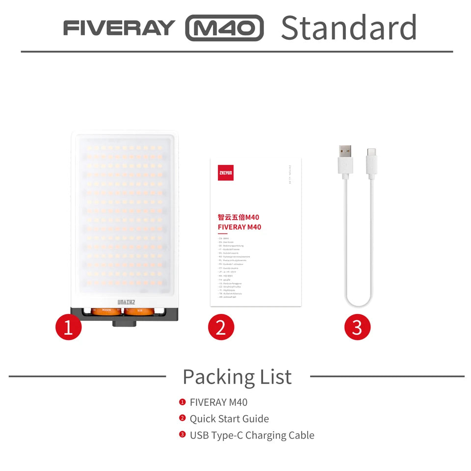 FIVERAY M40 pocket LED light, quick start guide, and USB-C charging cable for photography and video lighting.