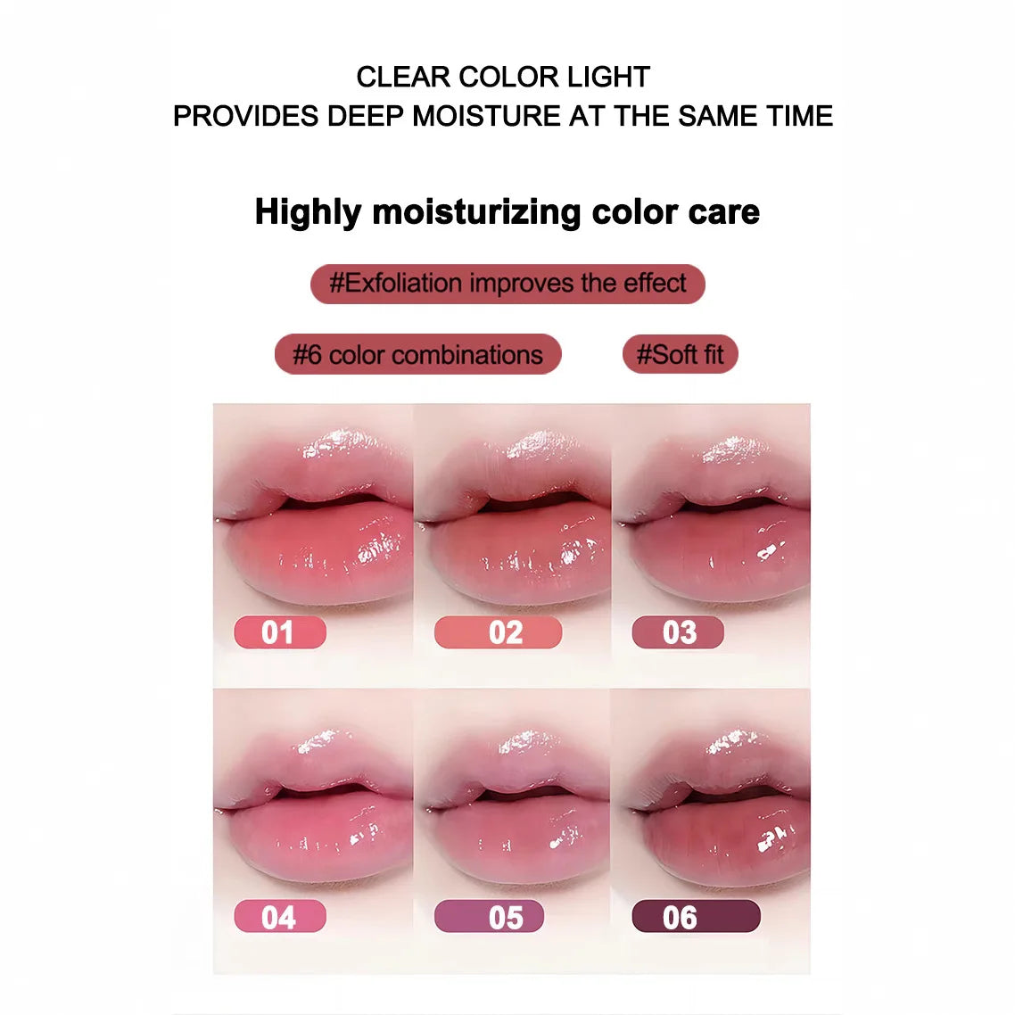 Six shades of hydrating, non-sticky tinted lip balm with a high-gloss, moisturizing, and soft-fit finish.