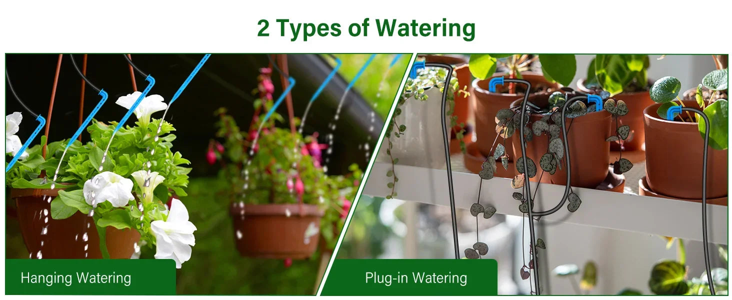Drip irrigation kit with hanging and plug-in watering lines for potted plants