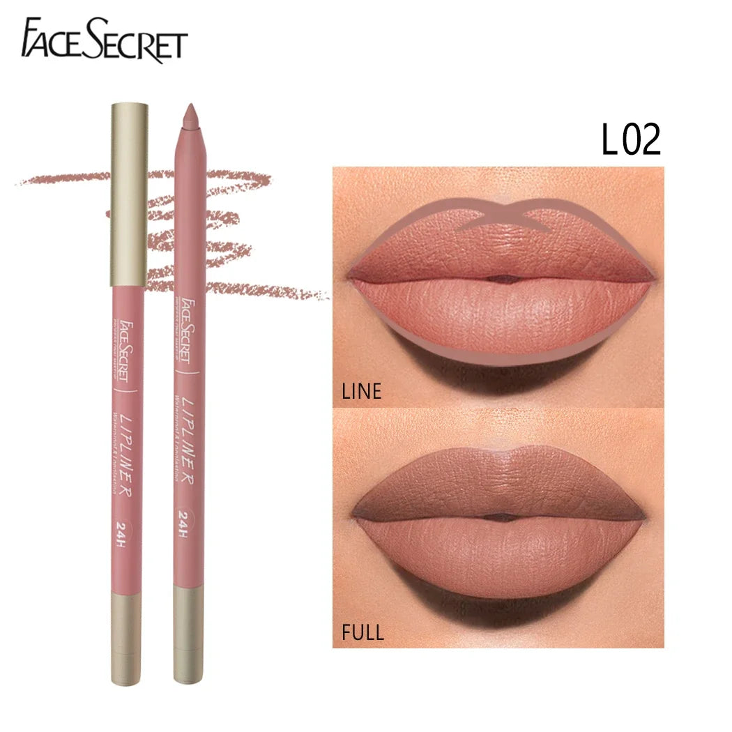 Face Secret waterproof matte lip liner pencil in shade L02, featuring a long-lasting velvet finish on outlined lips.