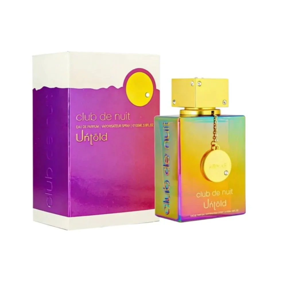 Armaf Club de Nuit Untold 105ml EDP: Iridescent square bottle, unisex seductive long-lasting fragrance, gold charm cap.