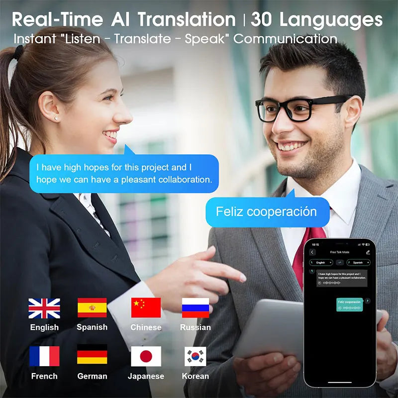Smartphone app for real-time AI voice translation between 30 languages, shown translating conversation between two
