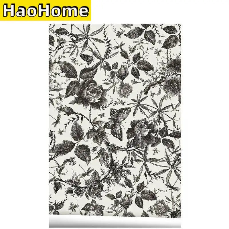 Self-adhesive floral wallpaper roll, black-and-white watercolor roses and leaves pattern
