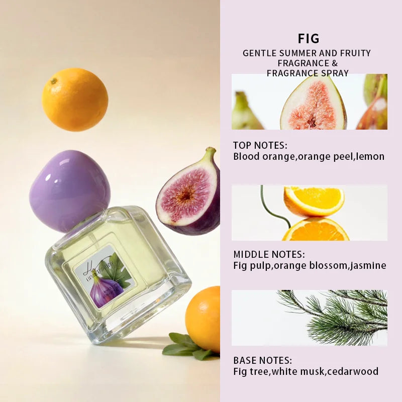 Marcas Originales Fig women's perfume: square bottle, purple cap, summer fresh citrus, fig, orange, jasmine scent.