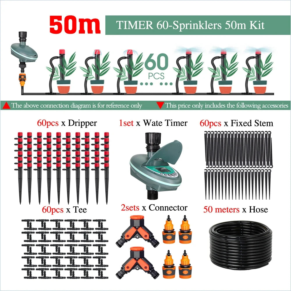 50-5M Automatic Garden Irrigation System Adjustable 13cm Sprinkler Smart Timer Greenhouse Yard Watering Kit Strong Flux