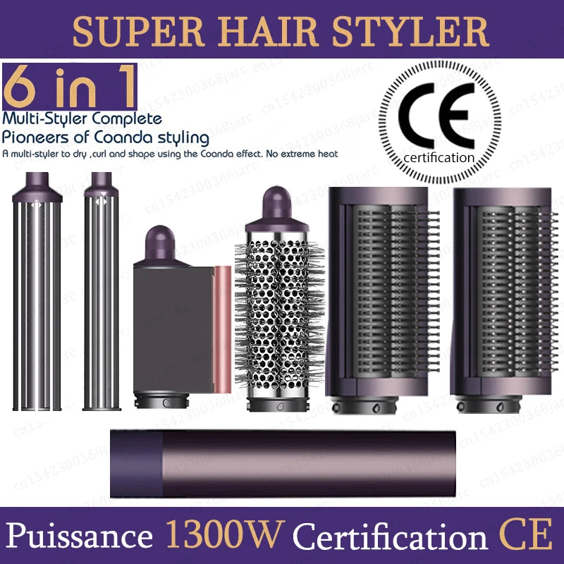 SenCiciMen 6-in-1 hair styler set with curling barrels, round brush, and dryer attachments in sleek metallic purple.