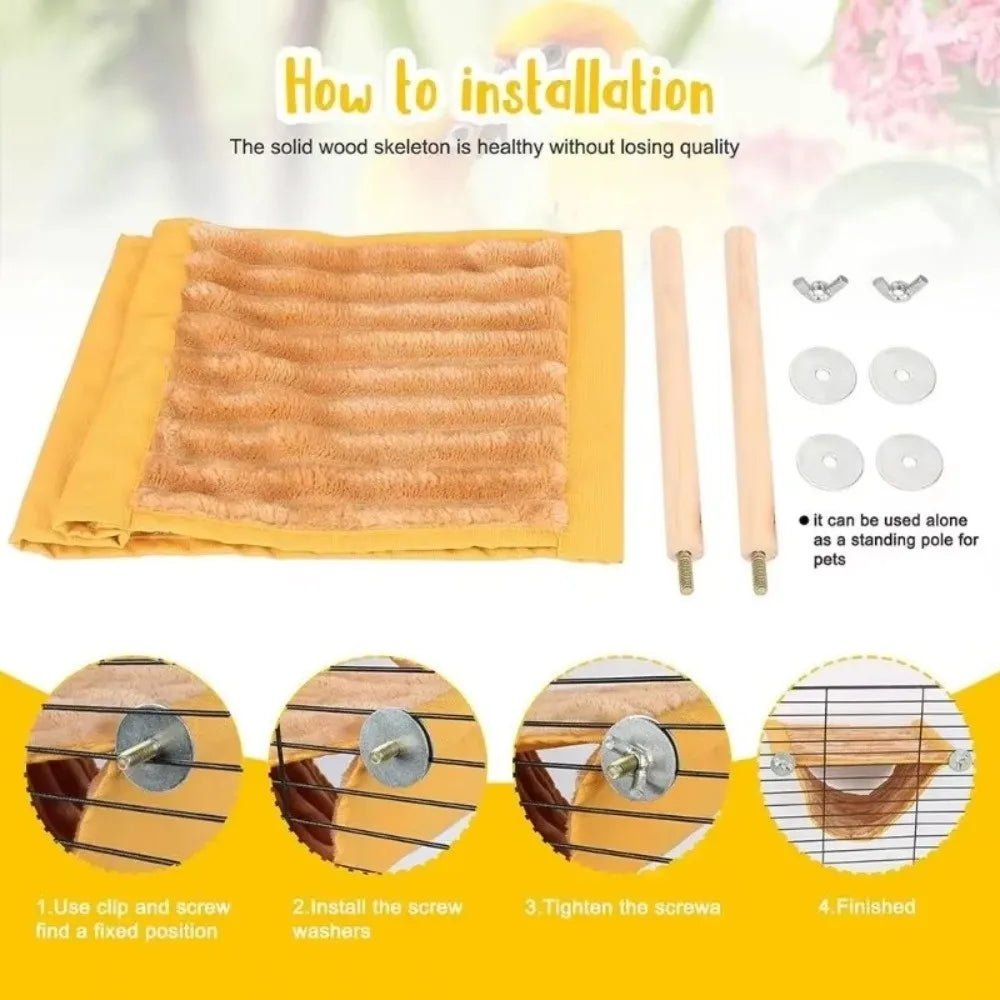 Warm yellow fleece bird hammock with wood perches. Washable, easy-install hanging nest for small pet bird cages.