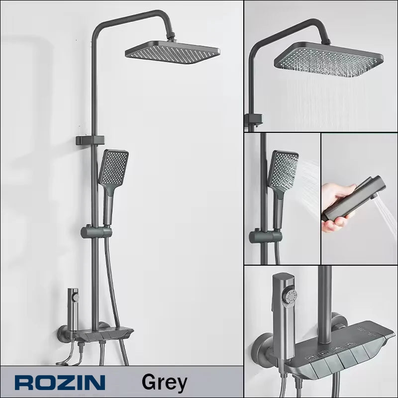 Rozin Black Digital Display Shower Faucet Set Piano Style Rainlfall Bathroom System Grey Digital Mixer Tap Bidet Shower