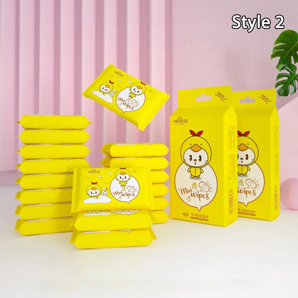 Mini baby wipes in yellow packs with cute chick character design, perfect for gentle baby care and cleaning.