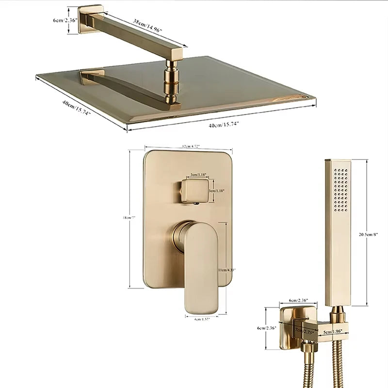 Brushed Gold Shower System, Wall Mounted Rainfall Shower Faucet Set with Handheld Sprayer, Single Lever Concealed Bathroom Mixer Valve Luxury Modern Brass Shower Combo