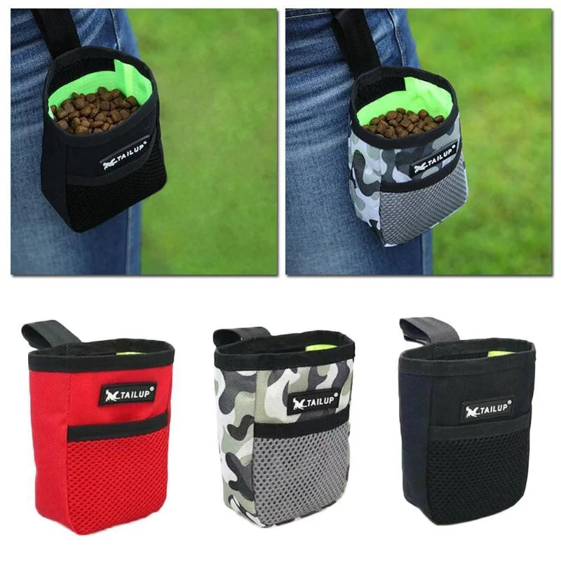 Dog training treat pouch waist bag in various colors for portable snack storage during puppy obedience and agility training.