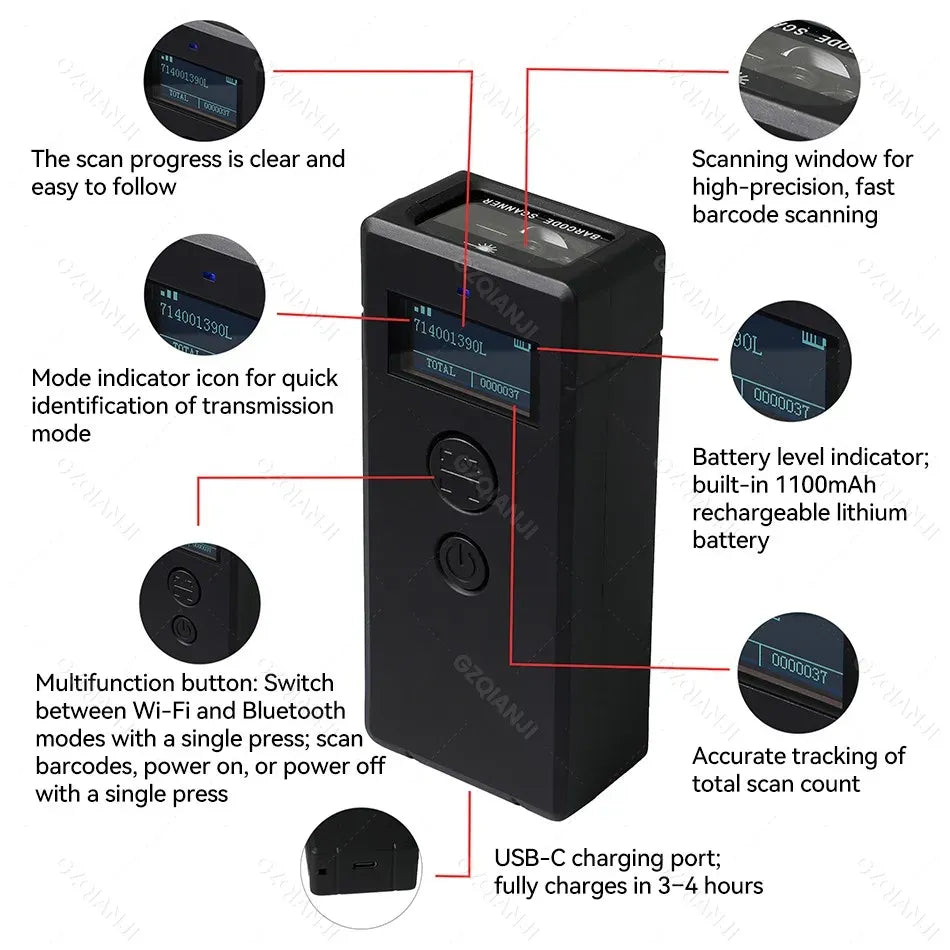LCD Screen Bluetooth 2D Barcode Scanner with Display Support Mobile Phone iPad Wireless Barcode Reader 1D 2D QR Bar Code Machine