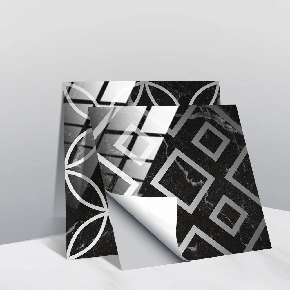 Self-adhesive faux tile wall stickers, black geometric pattern with white leaf shapes