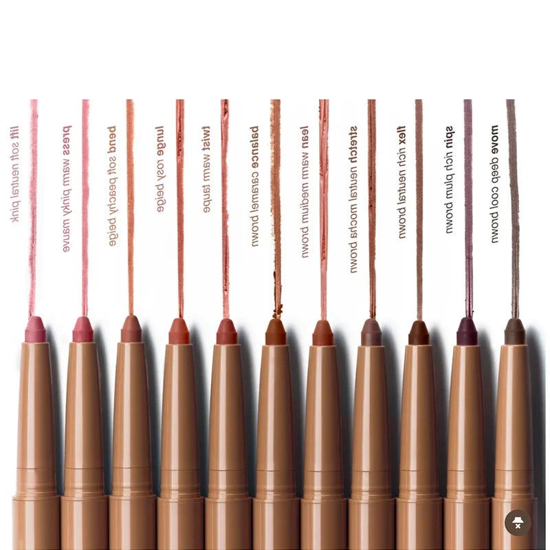 Rhode Peptide Lip Liner collection: long-lasting, creamy matte finish lip pencil swatches in assorted nude and brown tones.