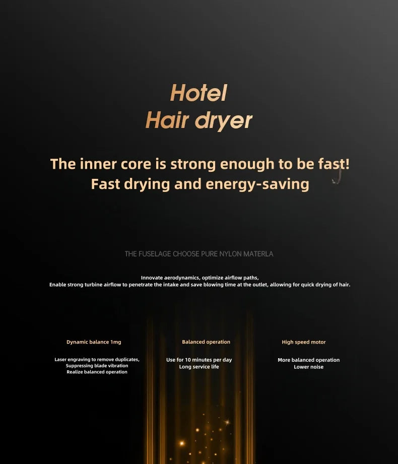 1600W wall-mounted hotel hair dryer with high-speed motor, energy-saving airflow, and durable nylon body construction.