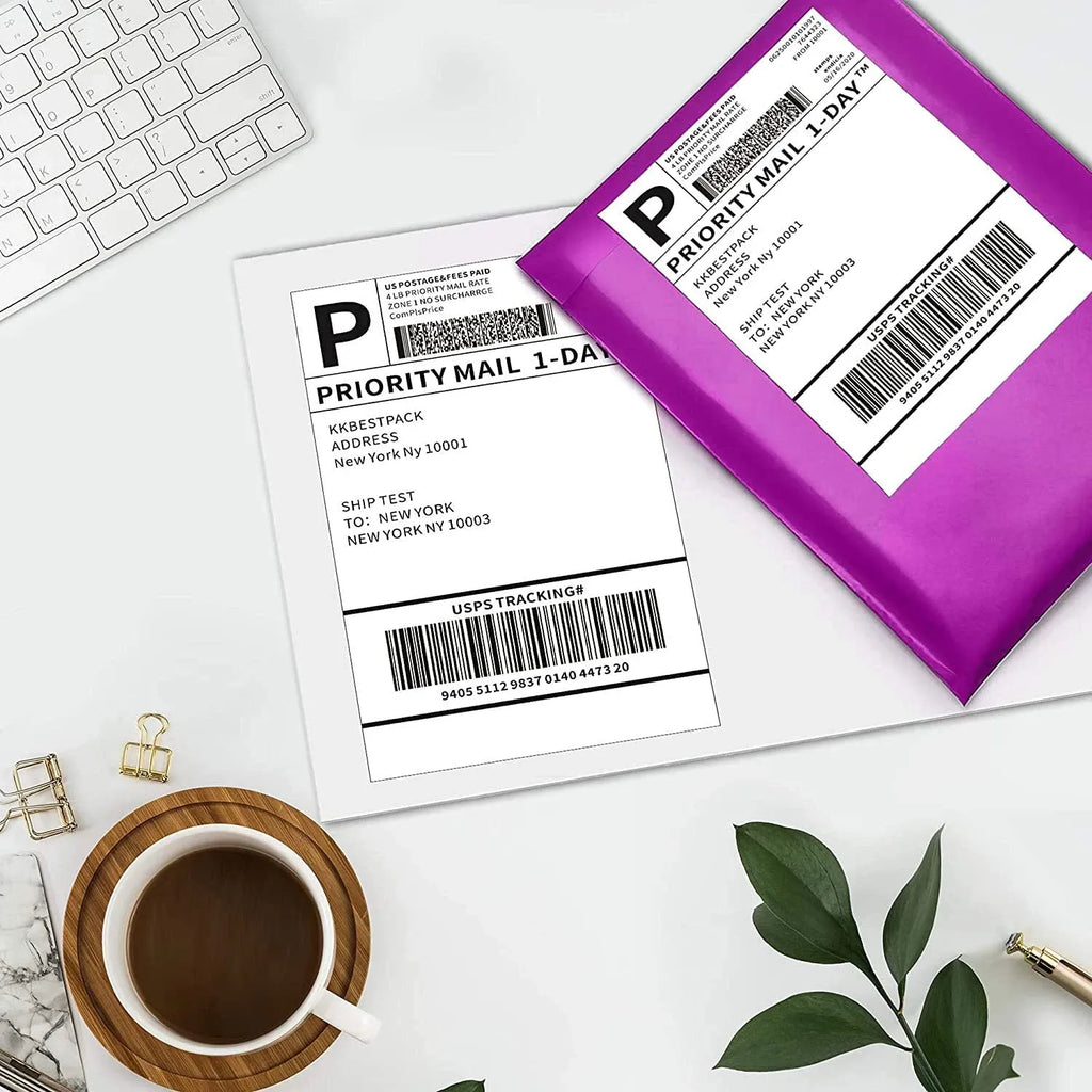 Thermal shipping label paper adhesive sheets, 4x6 size with barcodes on envelopes