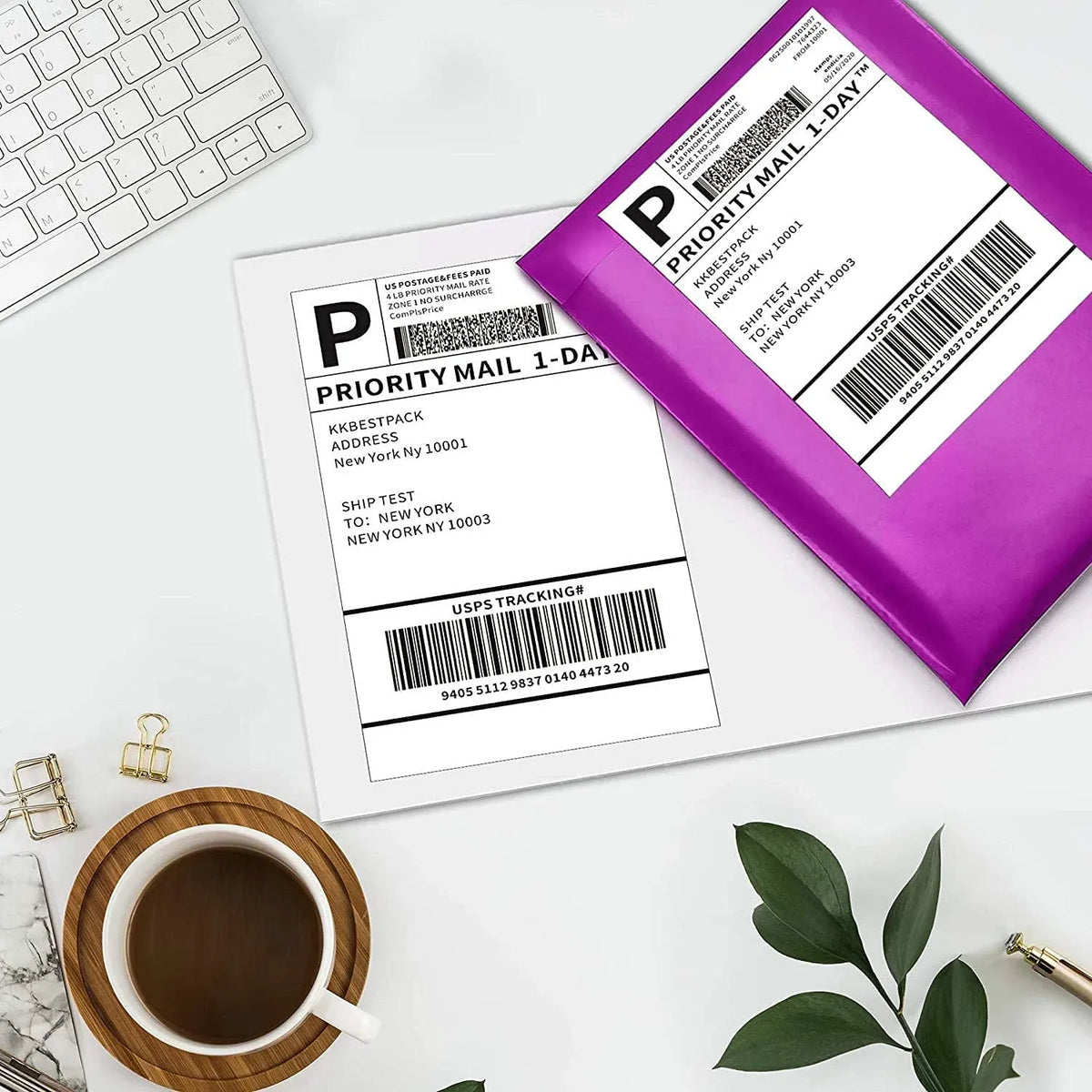 Priority mail shipping label with barcode on white backing and purple mailer