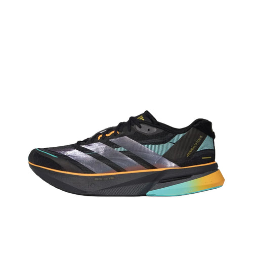 Adidas Adizero Boston 13 black running sneakers with mesh upper, metallic stripes, and orange-teal gradient midsole.