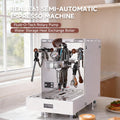 Cafovo E61 white semi-automatic espresso machine with chrome finish, rotary pump, and wooden accents on kitchen counter.