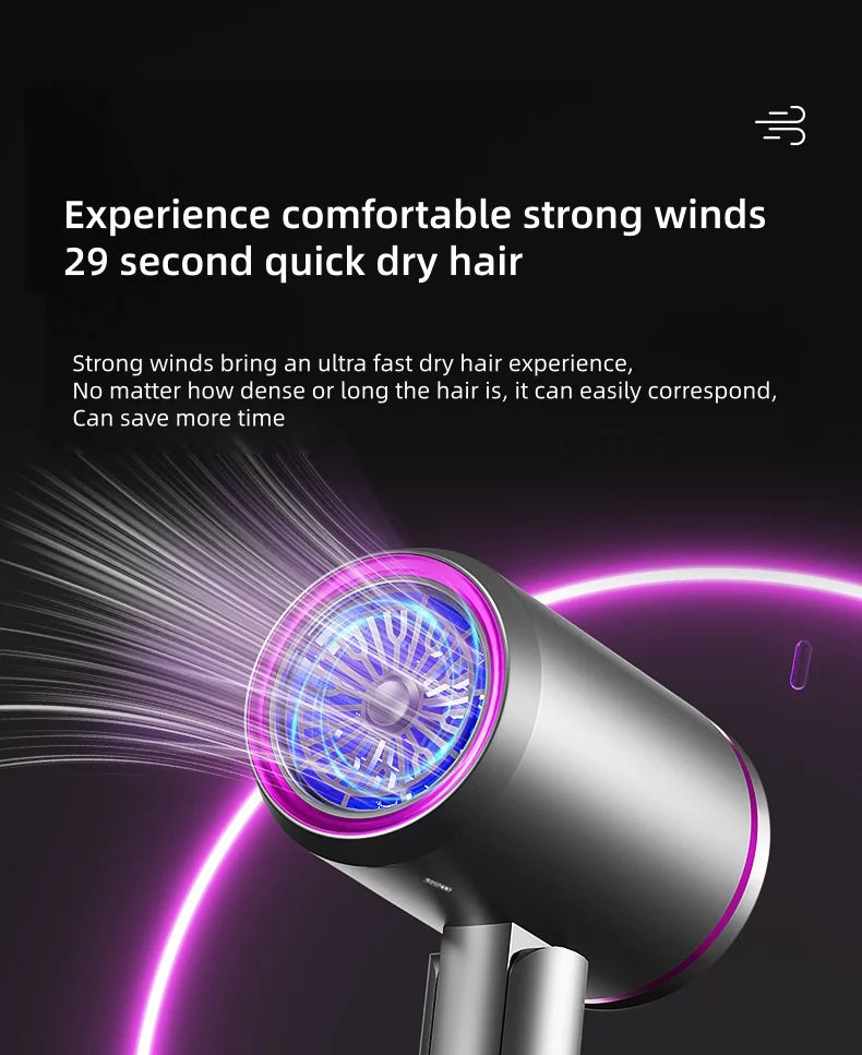 Silver foldable negative ion hair dryer with LED light, fast-drying nozzle, and high-speed professional airflow.