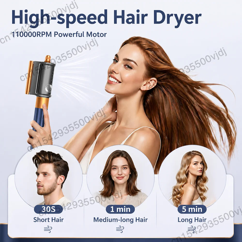7-in-1 ionic hair dryer with 110k RPM motor, blue/gold design, includes curling attachments for quick hair styling.