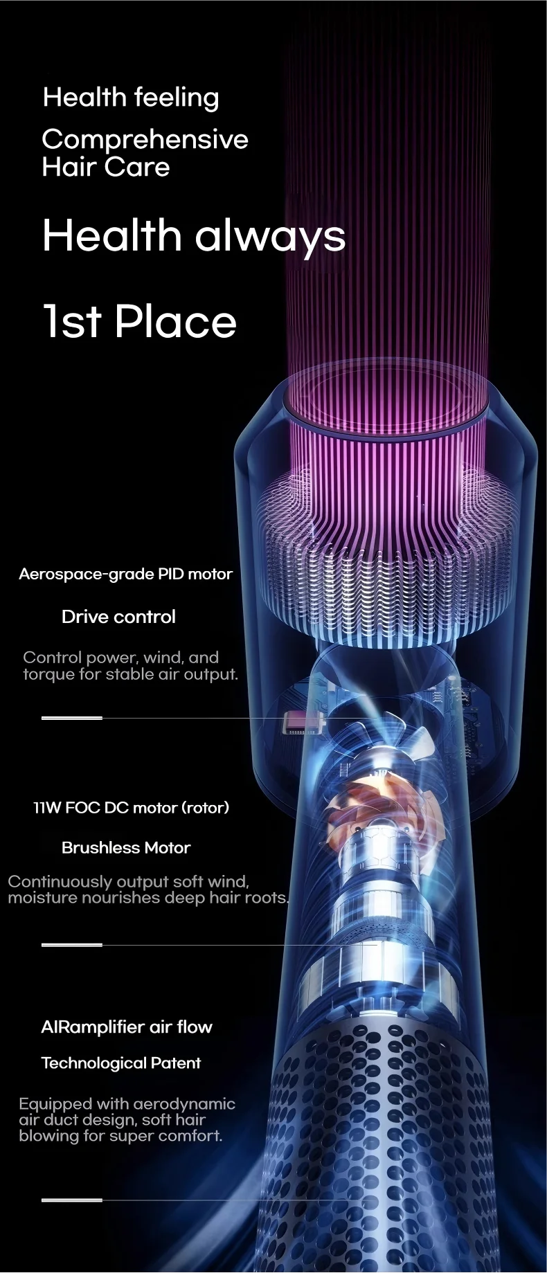 High-speed ionic hair dryer with advanced brushless motor and ergonomic airflow design for professional hair care.