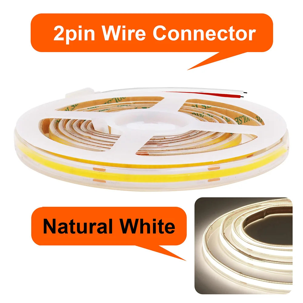 COB LED strip light with 2-pin wire connector, natural white glow