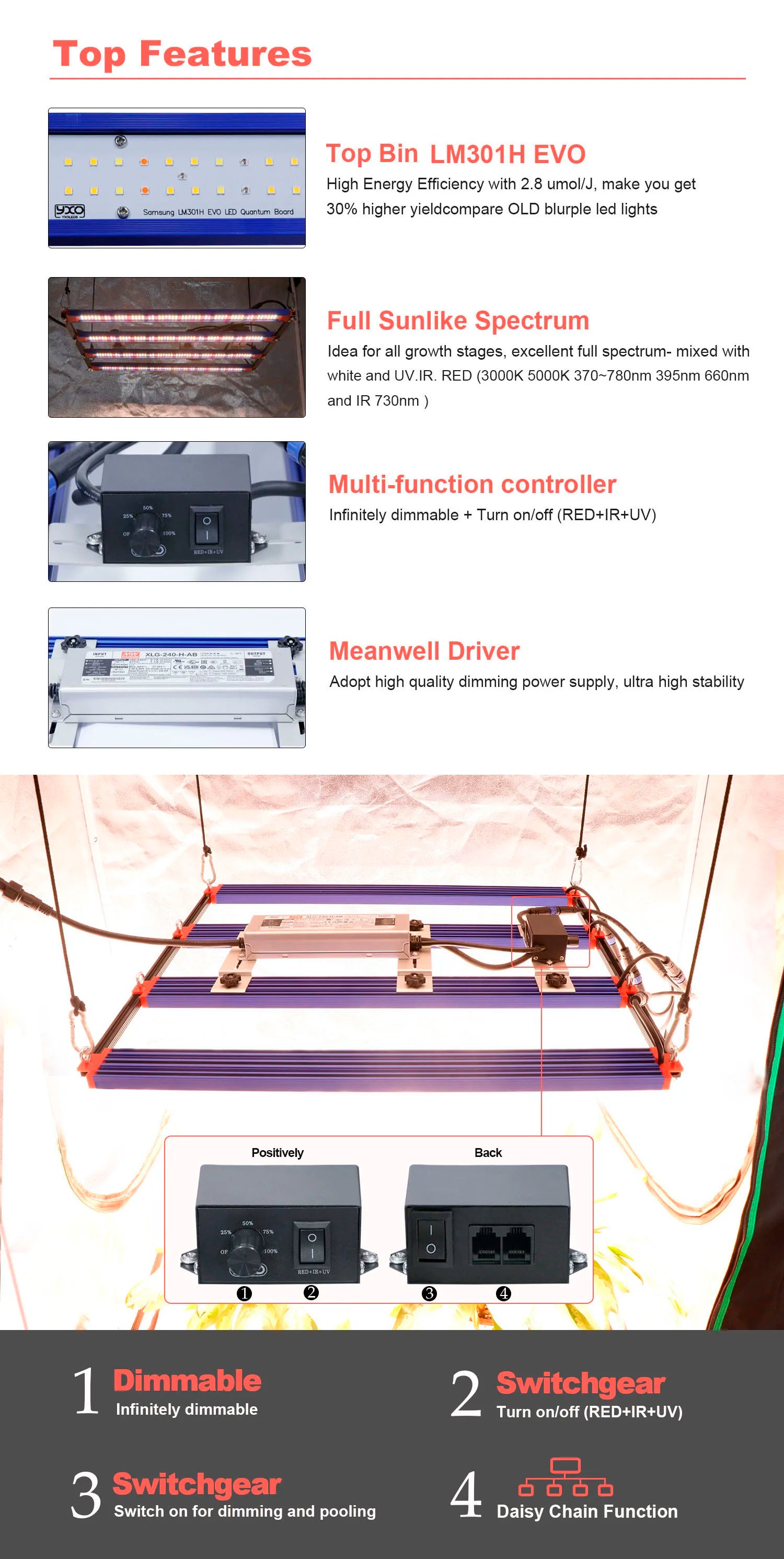 650W 1000W  LM301H EVO MeanWell LED Grow Light Bar Timmer UV IR On/Off For Indoor Flower Tent Plant Growth Phyto Lamp