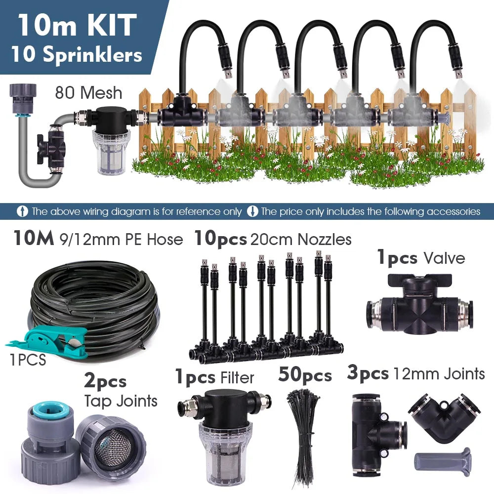 3/8" 9/12mm Misting Cooling System 360° Bend 0.6mm Nozzles Atomizer Sprayers PE Tubing 80 Mesh Filter Garden Irrigation Watering