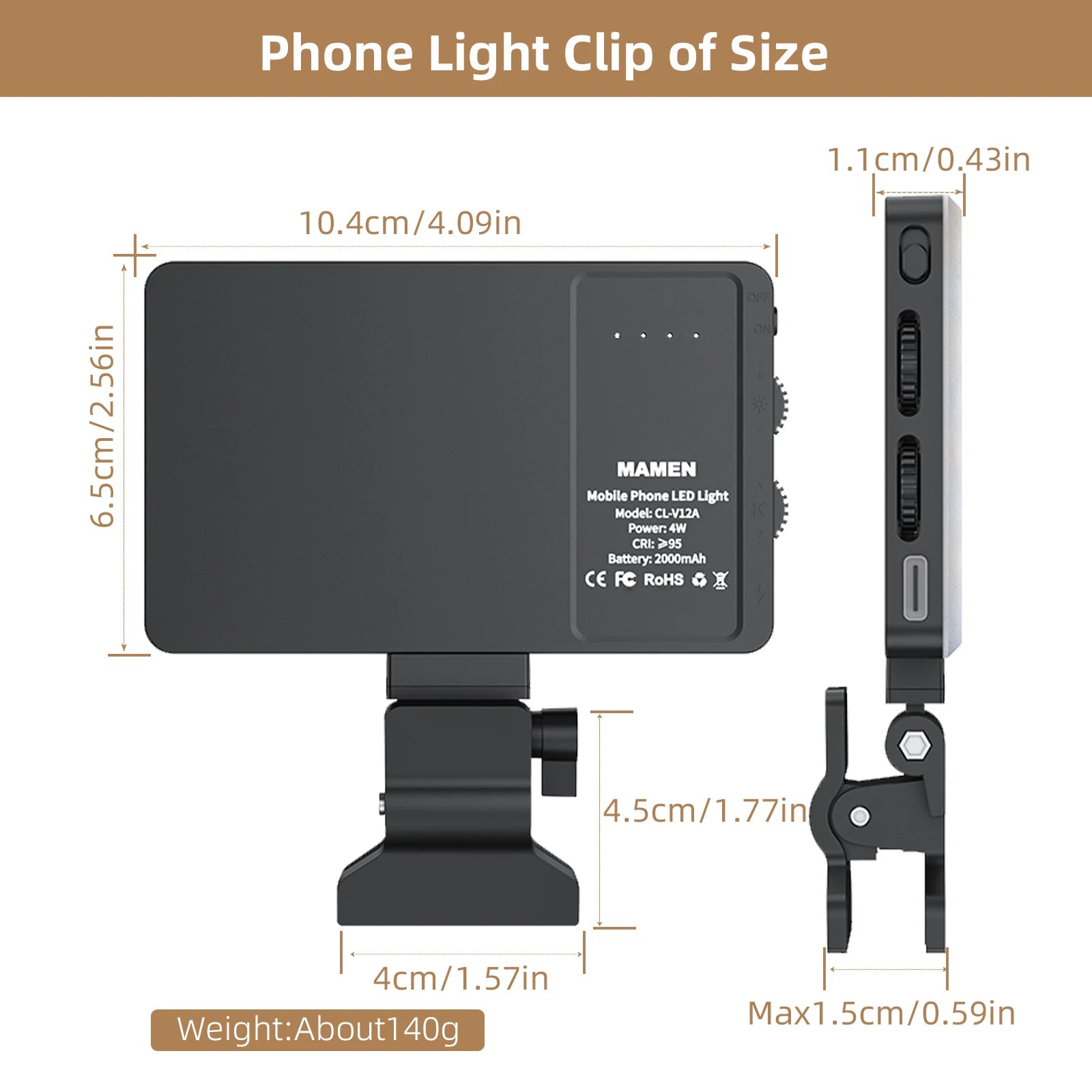 Portable LED Selfie Light CL-V12A - Adjustable Color Temperature Tidesmit