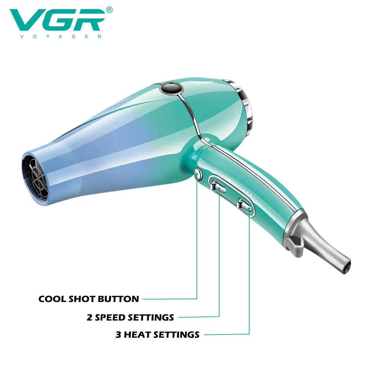 VGR professional 2400W negative ion hair dryer in teal with cool shot button, 3 heat and 2 speed settings.